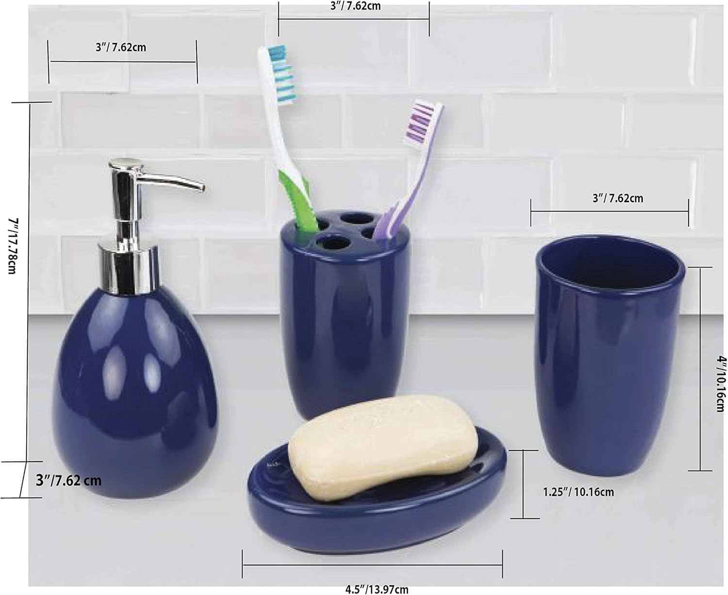 Home Basics 4-Piece Bathroom Accessory Set, Includes Soap/Lotion Dispenser, Toothbrush and Toothpaste Holder, Soap Dish, and Tumbler, Navy: Kitchen & Dining
