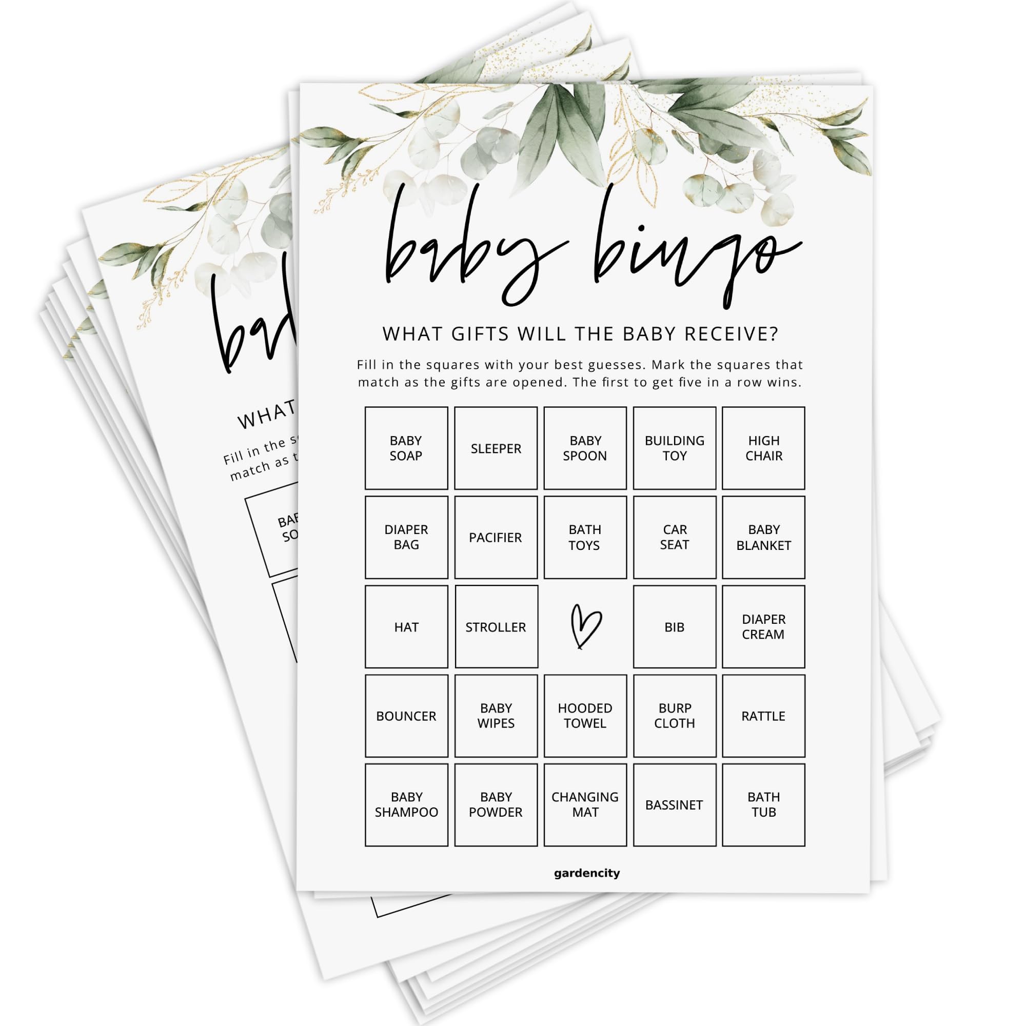 Photo 1 of (WHAT WILL THE BABY RECIEVE BINGO)( Baby Shower Bingo Game (50 Unique Cards), Pre-Filled Fun Baby Shower Games, Perforated Calling Cards, Gender Neutral Boy or Girl (Eucalyptus)
