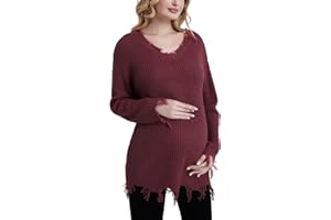 Bhome Maternity Sweater Ripped Loose V Neck One Shoulder Off Knit Maternity Pullover Long Sleeve Pregnant Sweater Top