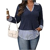 WDIRARA Women's Plus Size Color Block Striped Blouse Long Sleeve Collared V Neck Shirts Tops