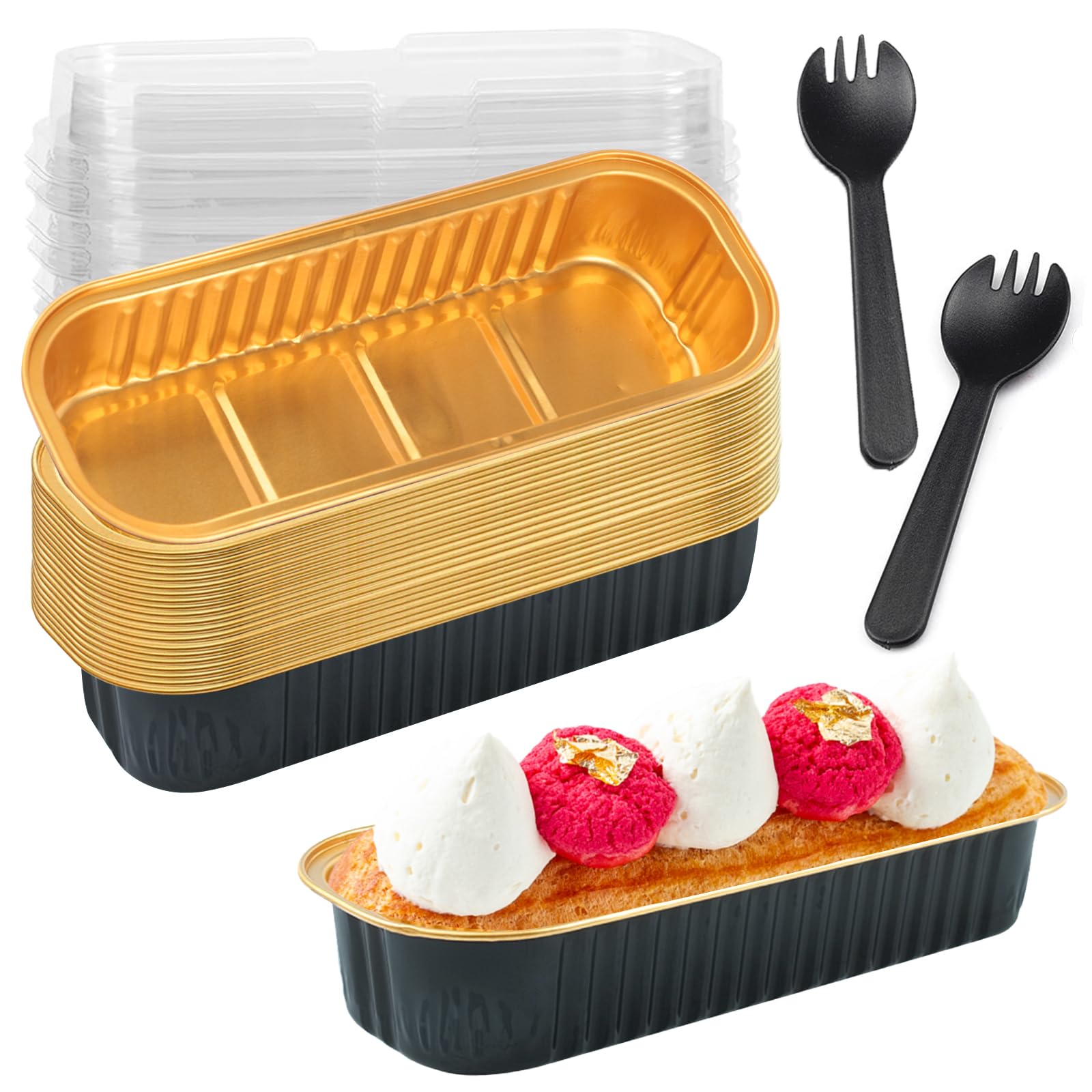 Photo 1 of 20 Pack Mini Loaf Pans with Lids and Spoons,Mini Cake Pans with Lids,Rectangle Aluminum Foil Baking Pans Tins Containers,Disposable Cupcake Baking Cups Muffin Tins for Birthday Party (Black&Gold)