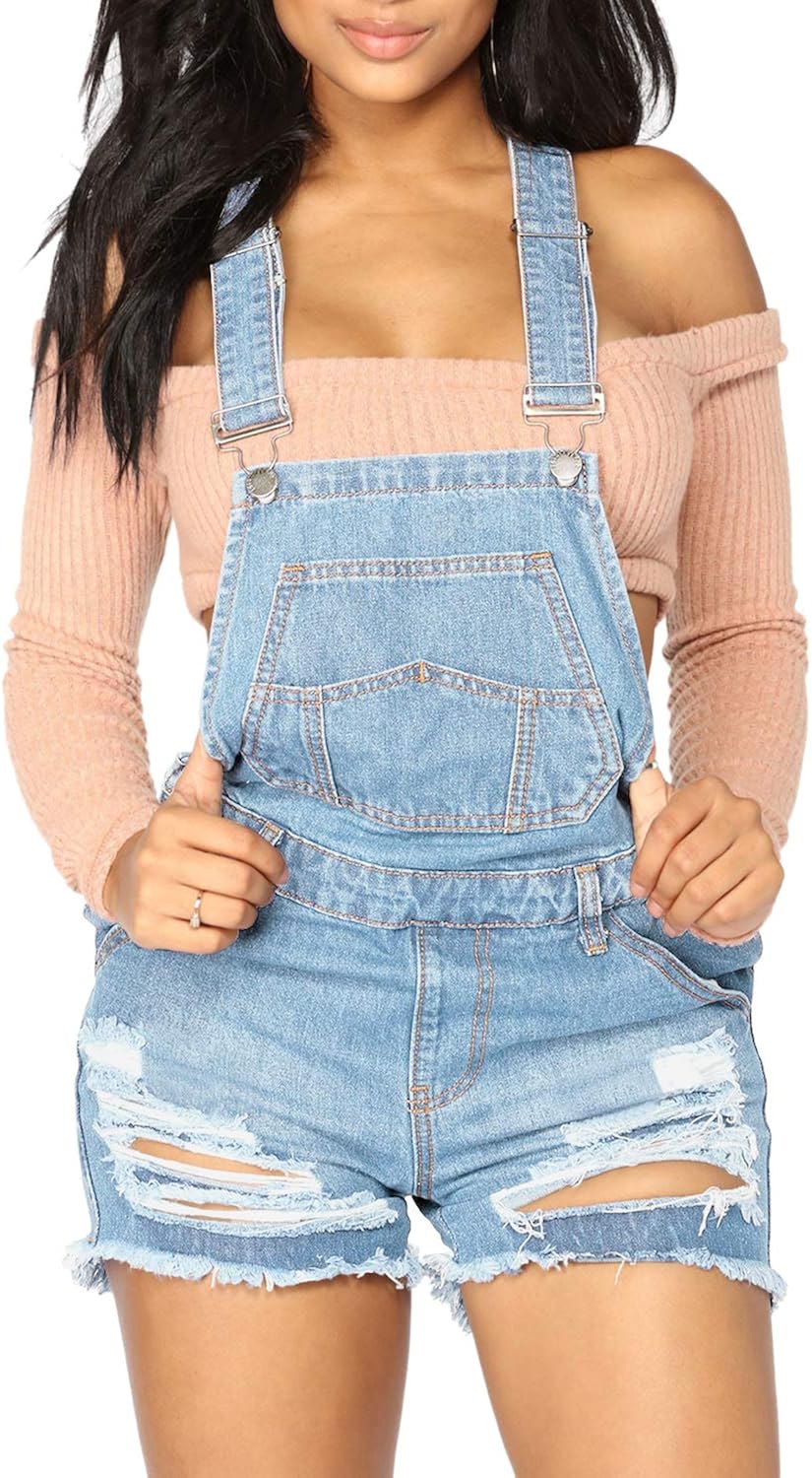 LookbookStore Womens Ripped Denim Bib Overall Shorts Raw Hem Shortall Jeans
