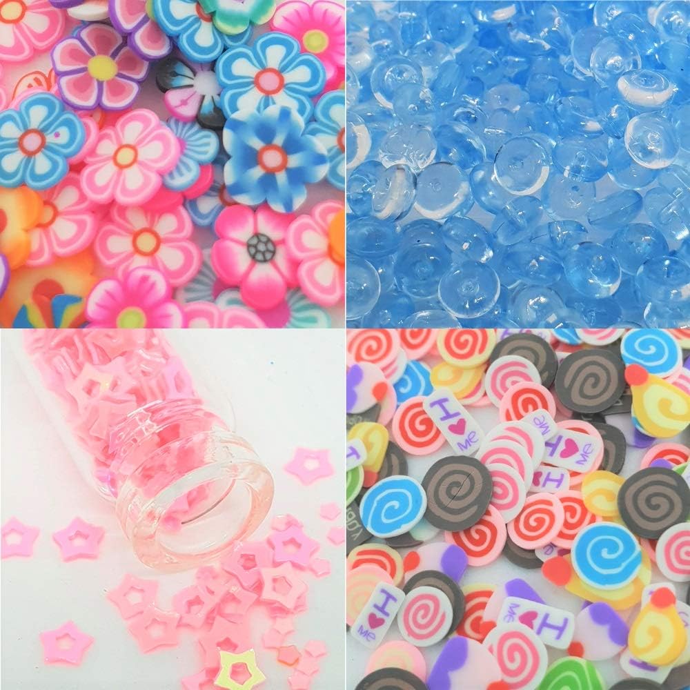KORBEL Biz Slime Charms Supplies with Tools, Candy, Foam Balls, Glitter, Candies, Love Hearts, Stars, Fruits