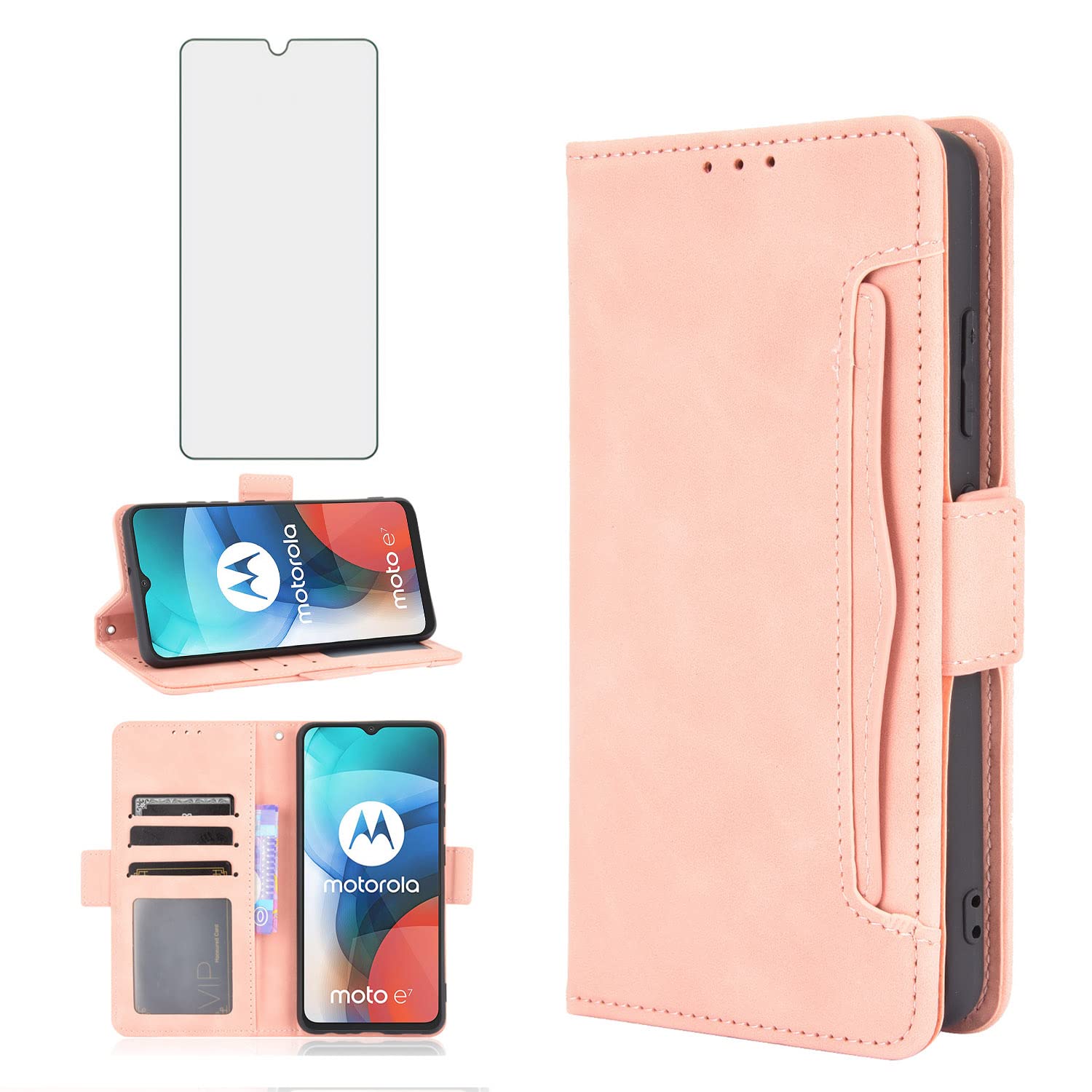 Asuwish Compatible with Motorola Moto E7/Lenovo K12 Wallet Case and Tempered Glass Screen Protector Card Holder Stand Leather Flip Cell Accessories Phone Cover for MotoE7 XT2095-1 Women Men Rose Gold