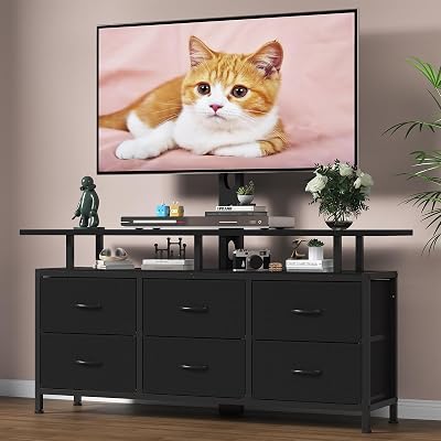 DrawXynth Black TV Stand with Mount for 32/45/55/60/65/75 inch TVs, Entertainment Center with 6 Fabric Drawers & Open Shelf, TV Media Console for Living Room, Bedroom