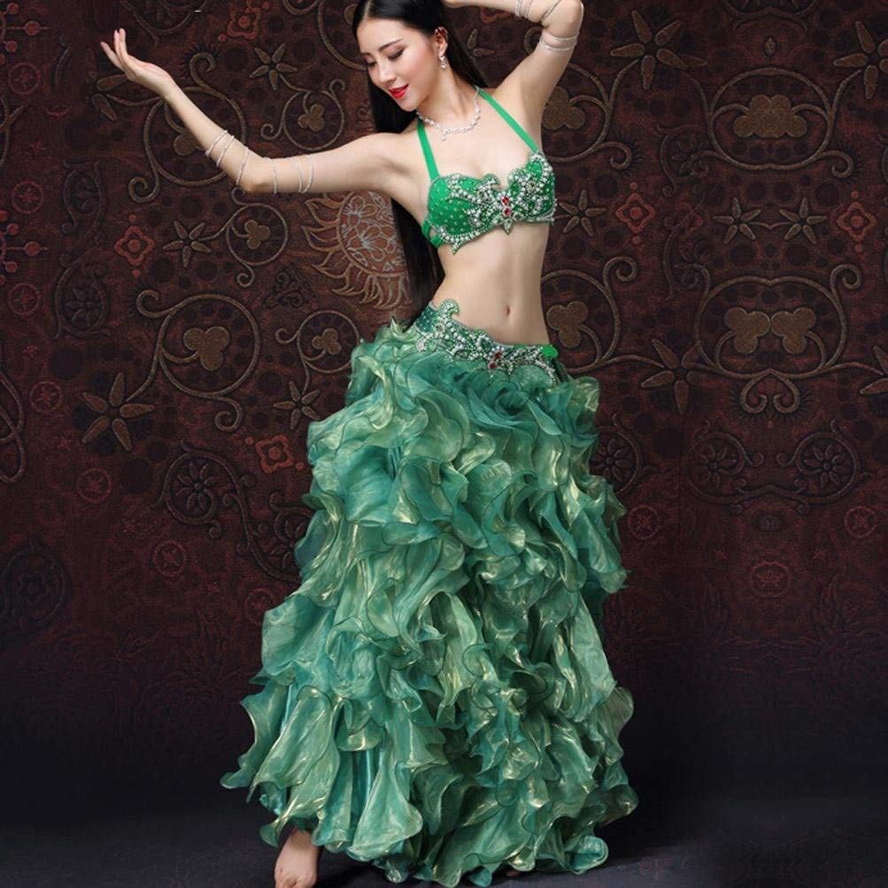 女性のベリーダンスの衣装大人のラインストーンブラパフォーマンスセット高スリット波ビッグスイングドレス衣装2個 L L グリーン グリーン L B07q4w56md L 社交ダンス 円高還元