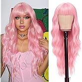 NAYOO Pink Wigs with Bangs - Long Curly Wavy Synthetic Fiber Wigs for Daily Party Use - Heat Resistant - 24 Inches (Pink)