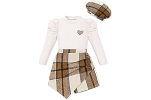 AMAWMW Girls Clothes Skirt Set Ribbed Puff Sleeve Top Plaid Skirt Shorts Beret Set 3Pcs Fall Winter Outfit