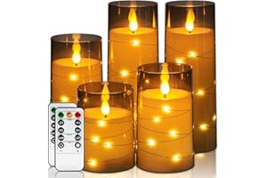 Homemory Flameless Candles with Embedded Star String Fairy Lights, Battery Operated Candles, LED Candle, Fake Candles with Remote Control and Timer for Halloween, Gray Acrylic, Set of 5(H4"5"6"8"8")