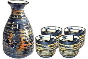 Old Craftsmen's Japanese Sake Set Blue 5 Pcs Traditional Japan Saki Cup Set Hand Painted Design Porcelain Pottery Ceramic Soj