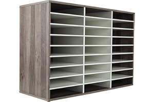 TQVAI Wood Adjustable Literature Organizer Desktop File Sorter Mail Center Paper Storage Cabinet Home & Office Mailbox School Classroom Keepers, 27 Slots Compartments, Retro Grey/White