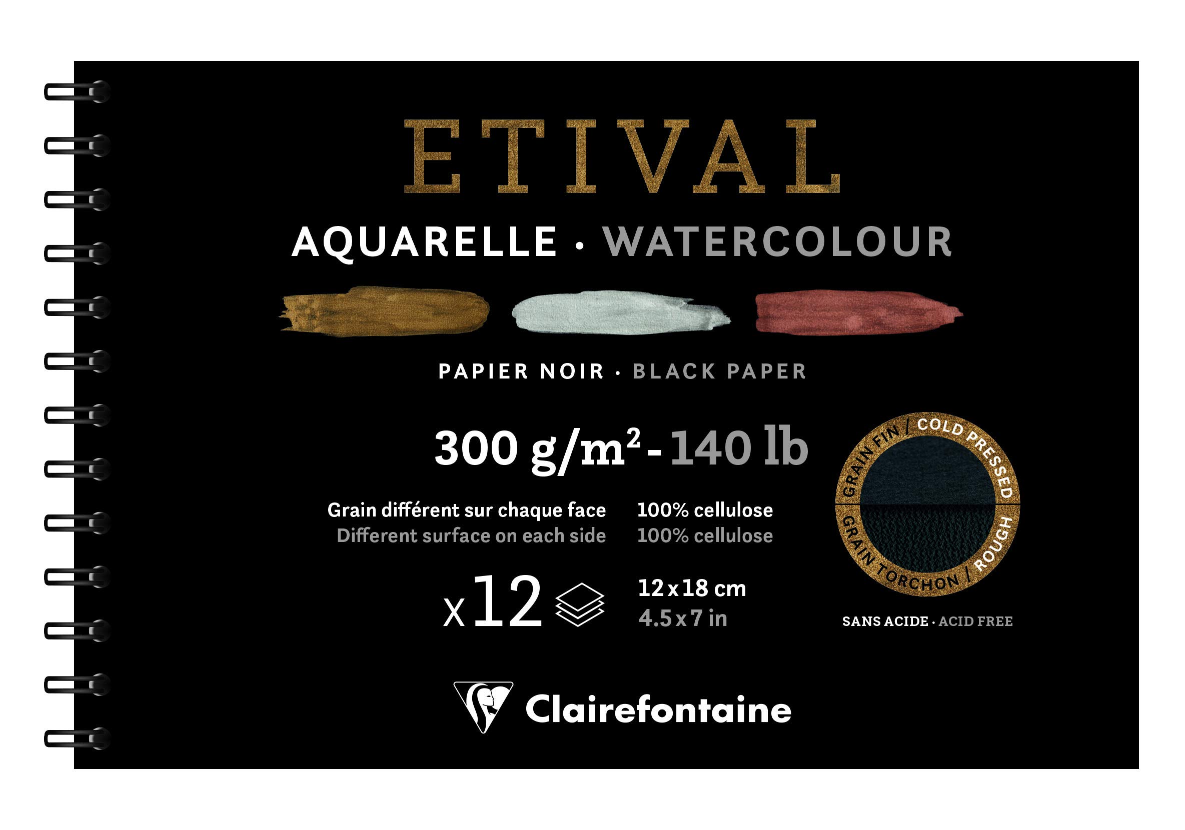Clairefontaine - Ref 975325C - Etival Cold Pressed Black Watercolour Painting & Drawing Wirebound Pad (12 Sheets of Paper) - 12 x 18cm - 300gsm Cellulose Art Paper