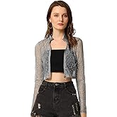 Allegra K Women's Crop Bomber Jacket Sheer Tops Mesh Sparkly Glitter Rave Outfit Halloween Clubwear Night Out Top