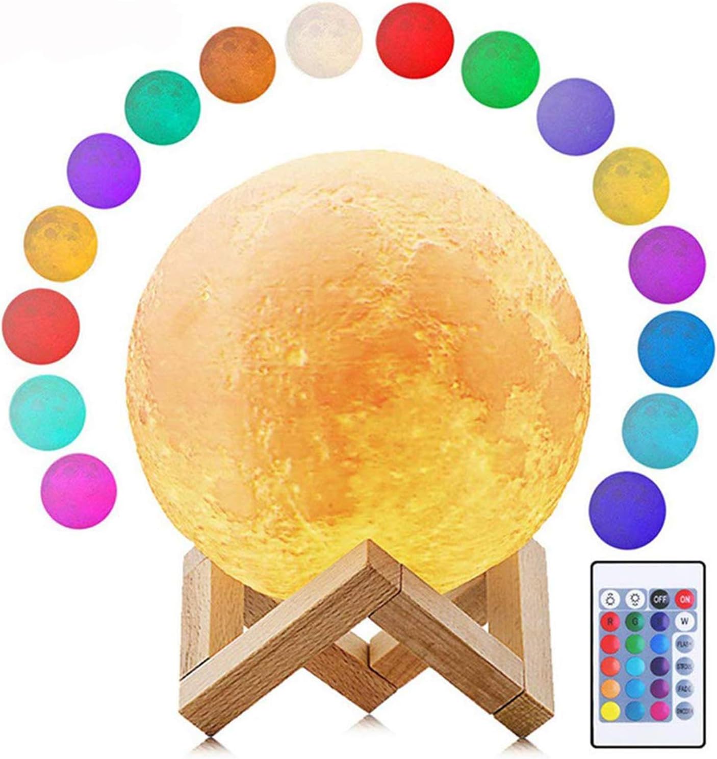Deewin Moon Light 16 Colors Dimmable LED Change by Touch and Remote Control USB Charging Moon Lamp with Wooden Stand for Lover Kids (Diameter:4.7inch)