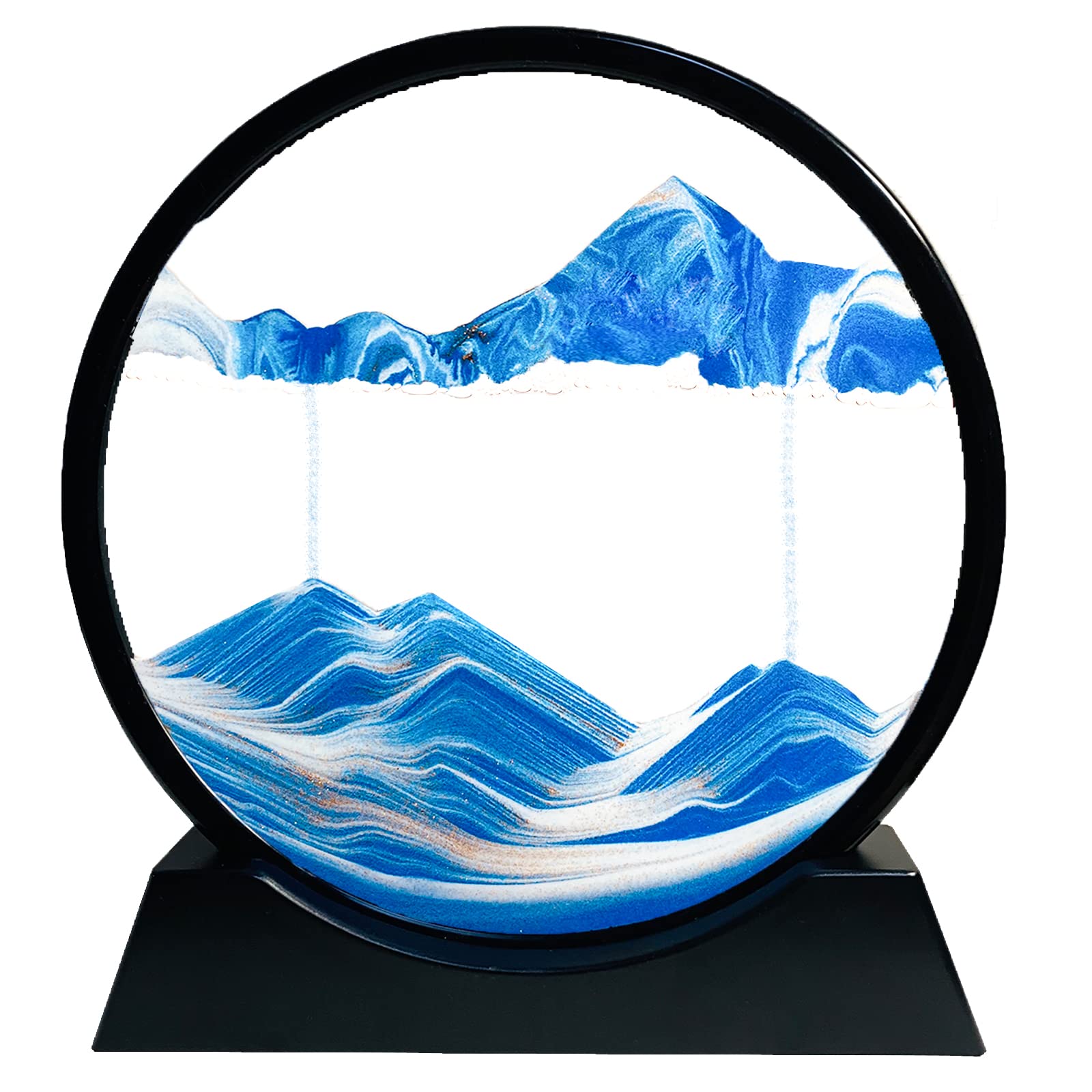 Yuomiker Moving Sand Art Picture in Motion, Liquid Motion Round Glass Frame, 3D Hourglass Deep Sea Landscape Flowing Sand Relaxing Desktop Decor (Blue, 7")