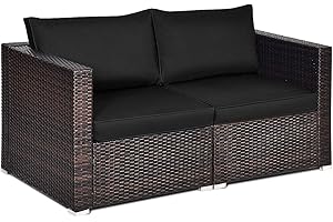 Tangkula Wicker Loveseat 2 Piece, Patio Furniture Couch with Removable Cushions, Rattan Loveseat Sofa for Balcony, Deck, Garden and Poolside