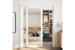 JUBEST 60" x 80" Mirror Closet Door, Preassembled One Side Mirror Door with Hardware Kit & Matching Fascia, Solid Wood Frame with Water-Proof PVC Surface, Easy to Install, White