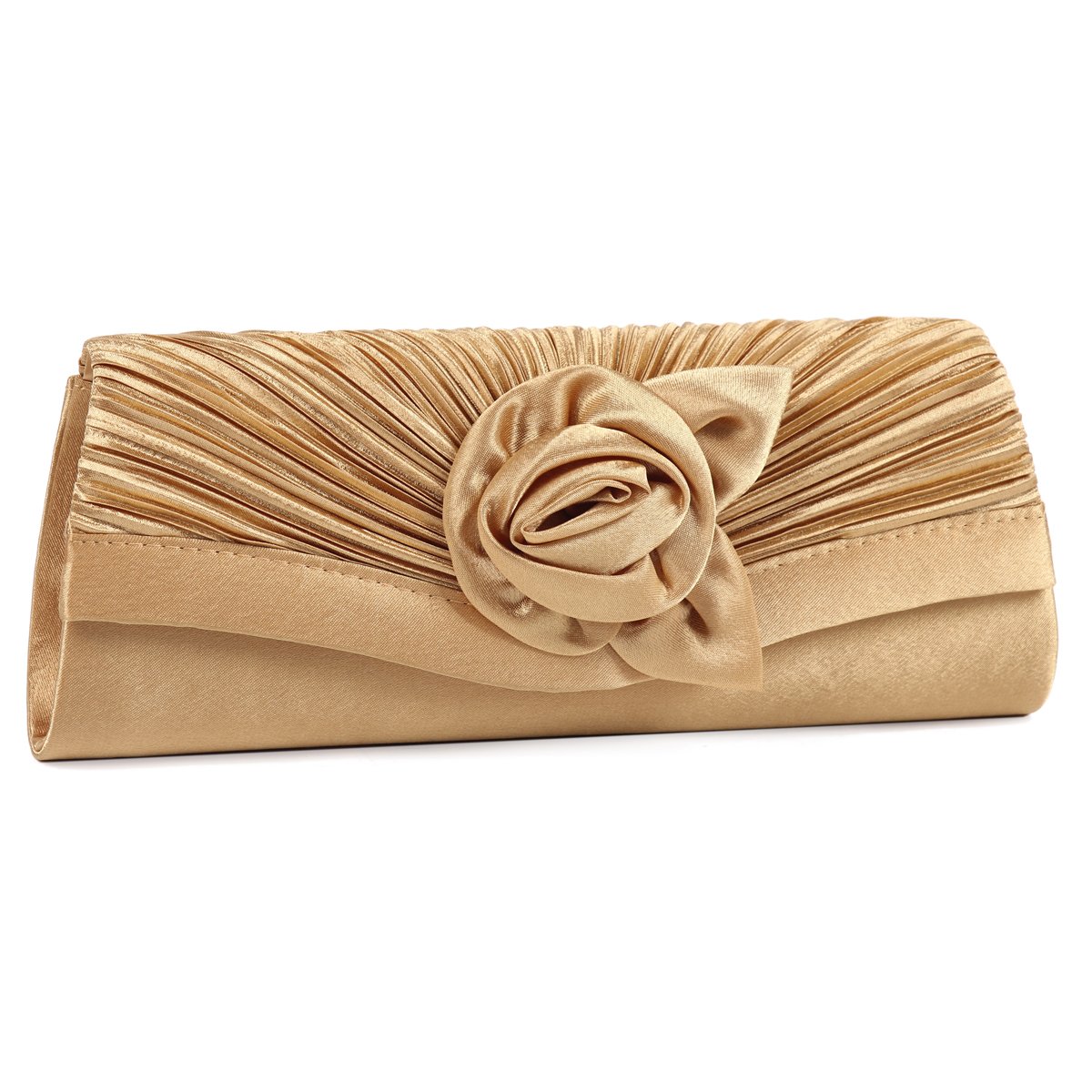 Damara Women's Satin Pleated Flower Front Evening Bag Clutch Handbag,Gold, L