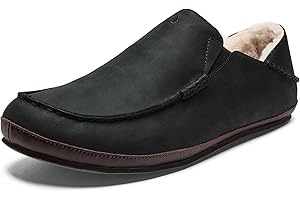 OLUKAI Moloa Slipper, Men's Premium Leather Slip-On Shoes, Soft Genuine Shearling Lining & Gel Insert, Drop-In Heel & All-Day Comfort