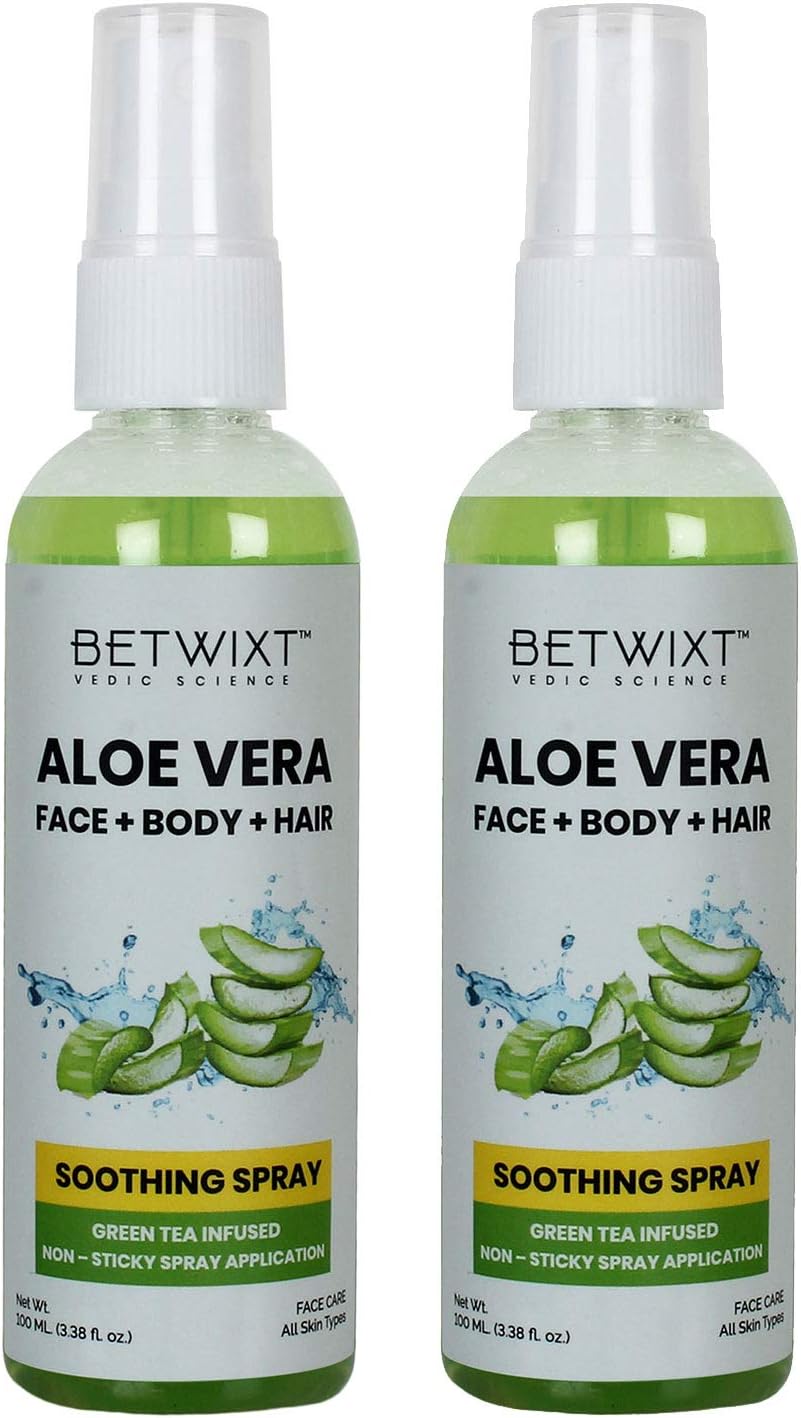 Betwixt Pure Aloe Vera Spray, for Face, Hair & Skin, with Green Tea & Vitamin C, for Glowing Skin & Radiant Hair, Natural & Organic, 100 ml x 2
