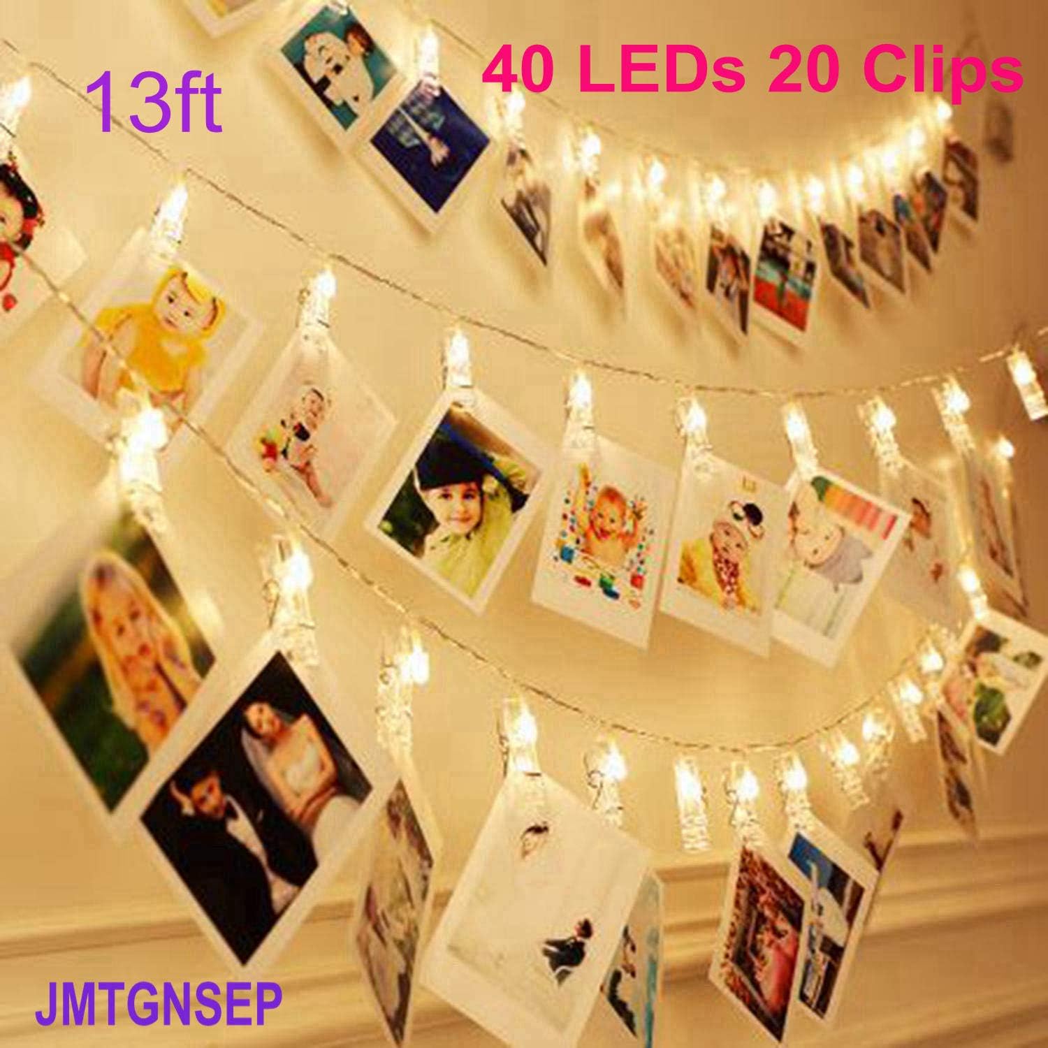 Led String Light 40 LEDs 20 Photo Clip, for Halloween Christmas New Year Holiday Wedding Birthday Festival Indoor Outdoor Decoration Like Garden Living Room Bedroom,Battery Operated(13ft Warm White)