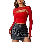 Avidlove Women Sexy Long Sleeve Mesh Crop Top Solid Cover Up with Spaghetti Strap Cami Top 2 Pieces Clubwear with Thumb Holes