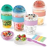 4 Pack Yogurt Parfait Cups with Lids Reusable, 20 oz Plastic Overnight Oats Containers with Lids Spoons Granola Compartment for Fruit Nuts, To Go Overnight Oat Jars for Oatmeal, Snack, Breakfast Prep