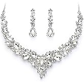BriLove Women's Wedding Bridal Austrian Crystal Teardrop Cluster Statement Necklace Dangle Earrings Jewelry Set