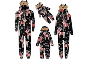 Amober Christmas Pajamas for family, Sets Matching Pajamas Cute Reindeer Graphic Holiday Hooded Pajamas One Piece Onsie