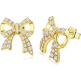 DAYBYDAY Bow Earrings Cubic Zirconia Ribbon Stud Earrings for Women 925 Sterling Silver/Yellow Gold Plated Bow Tie Earrings Cute Jewelry (with Gift Box)