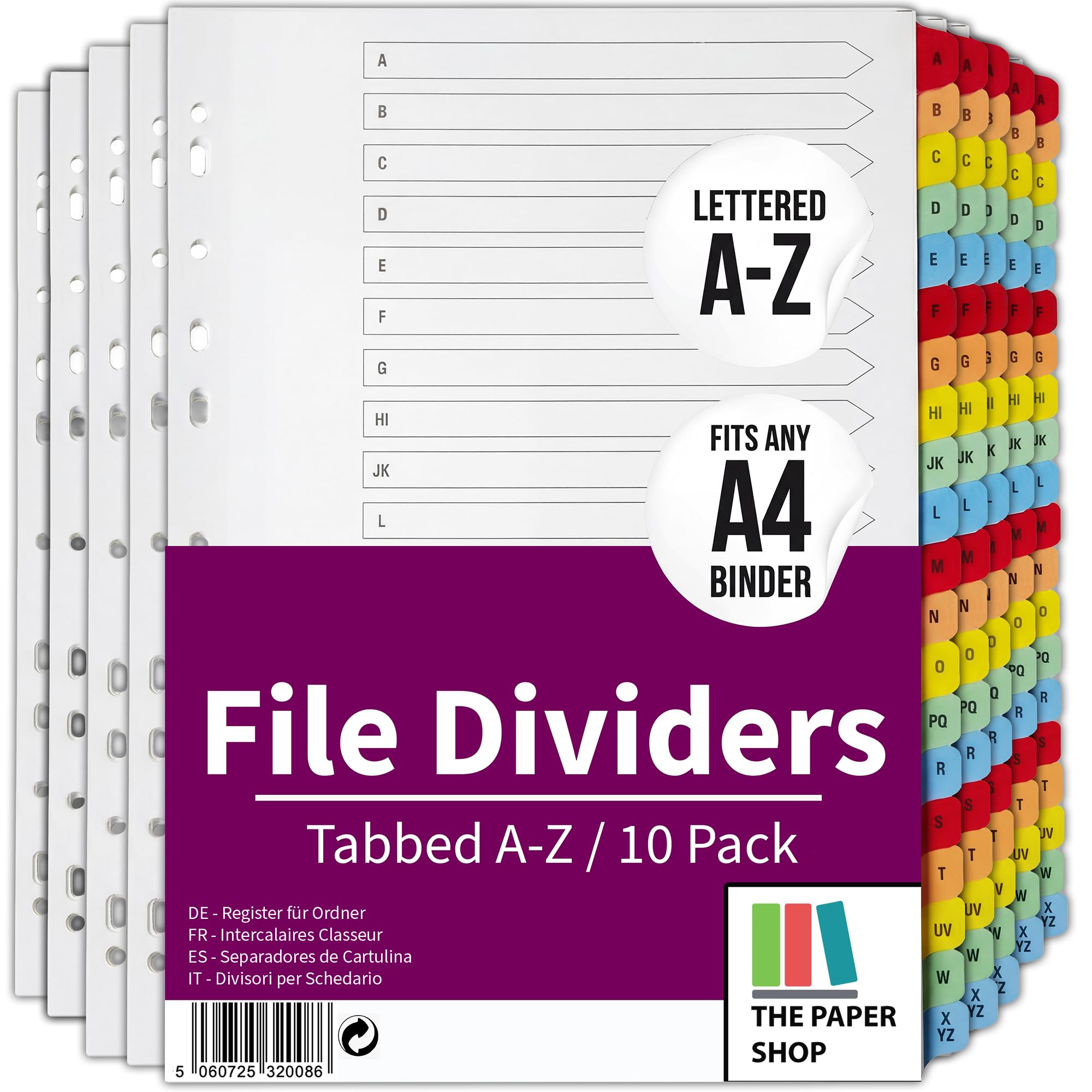 [10 Pack] A4 File Dividers Alphabetical A-Z File and Folder Dividers for Ring Binders - Strong, Durable Binder Dividers for Organised School and University Students