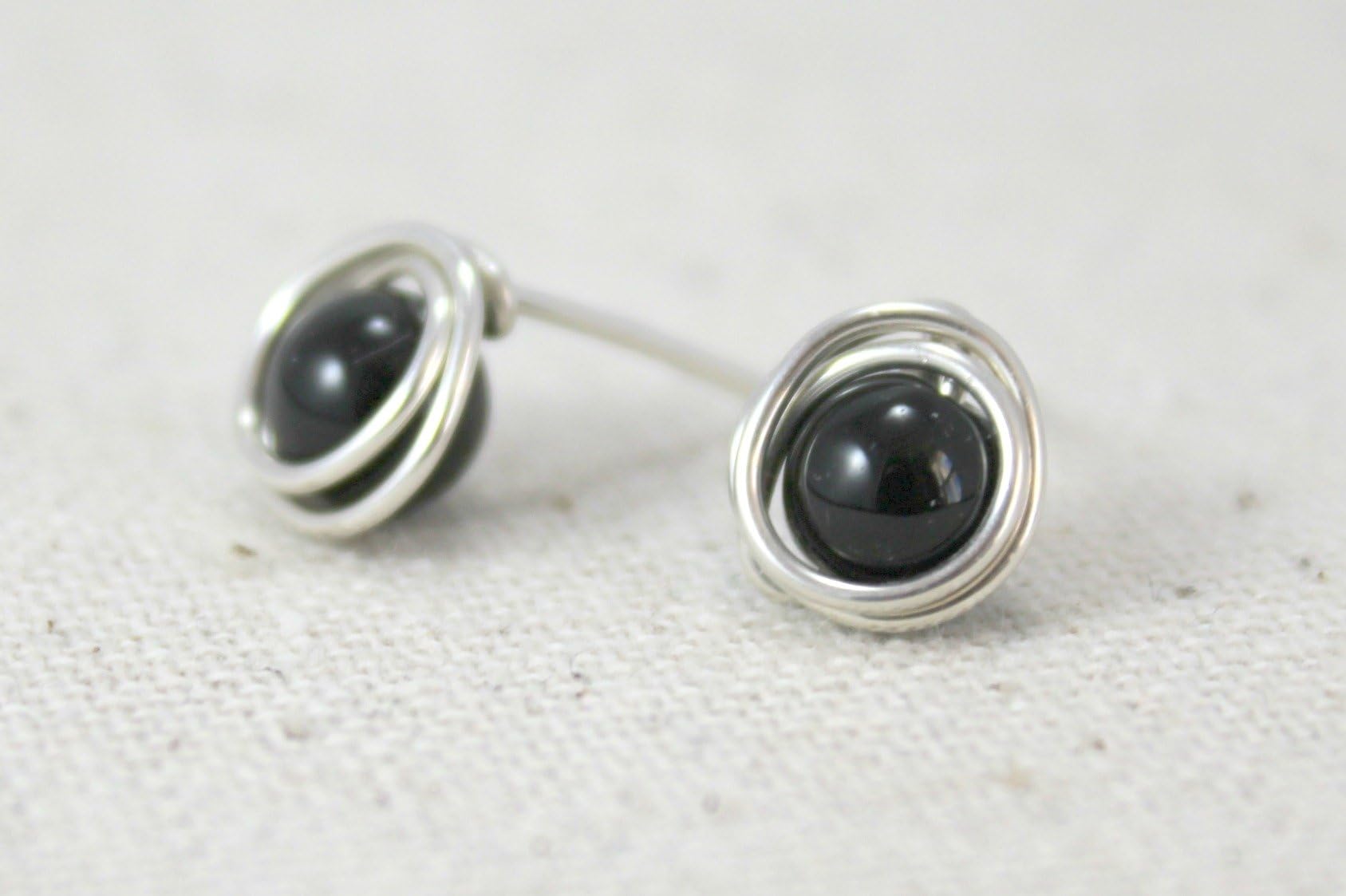 Black Obsidian Sterling Silver Wire Wrapped Stud Earrings