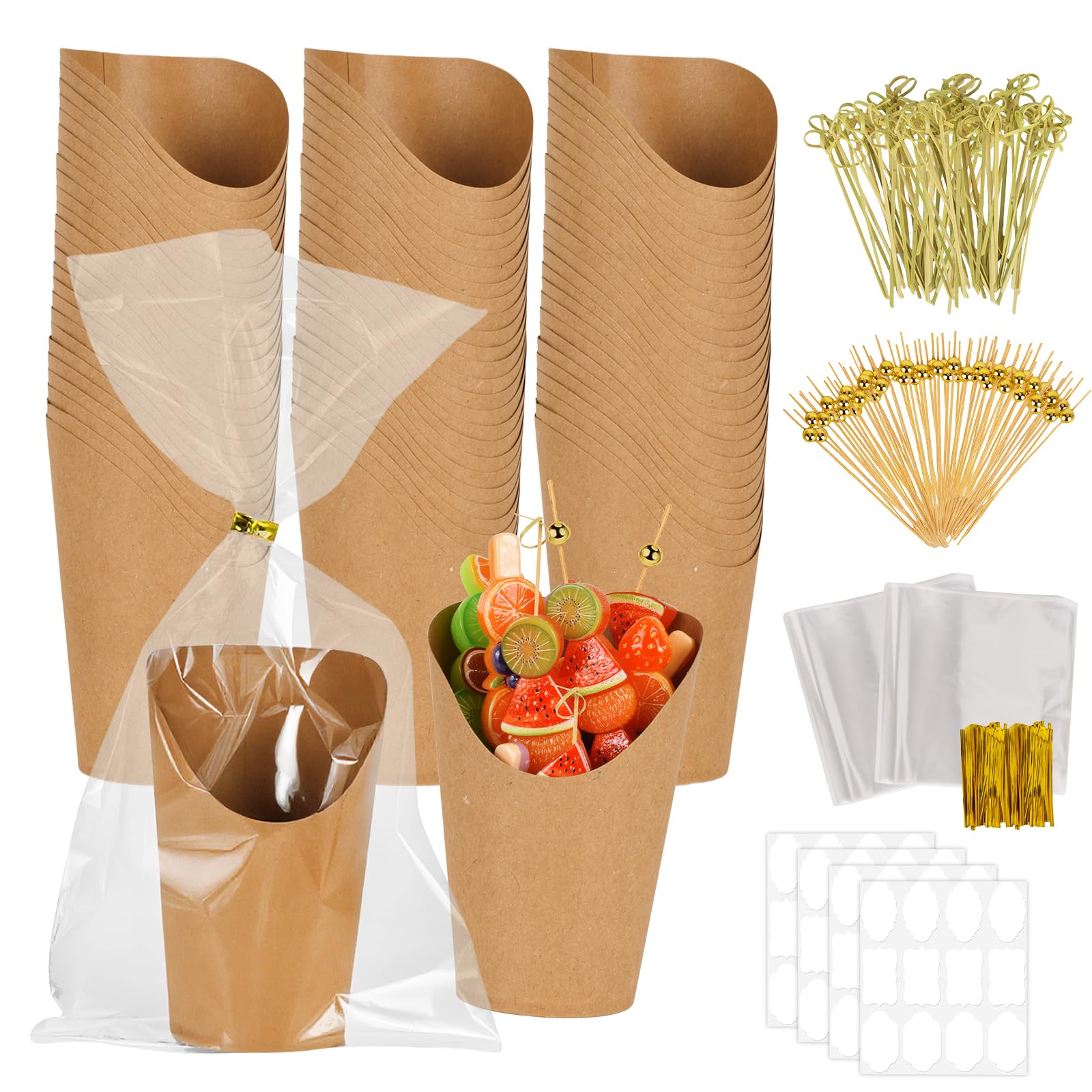 Photo 1 of 100pcsCharcuterie Cups With Sticks, 12oz, Charcuterie Cups, +200 Cocktail Selections+120 Labels+100 Bags, Mini Paper French Fry Holder, Paper Cones For Food, Roast Meat Appetizer Cups For Parties