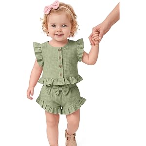 Joiceful Toddler Girls' 2 Piece Outfits Cotton Ruffle | Sleeveless, Ruffle Trim, Linen Set, Bloomers Shorts Set, Front Bowkno