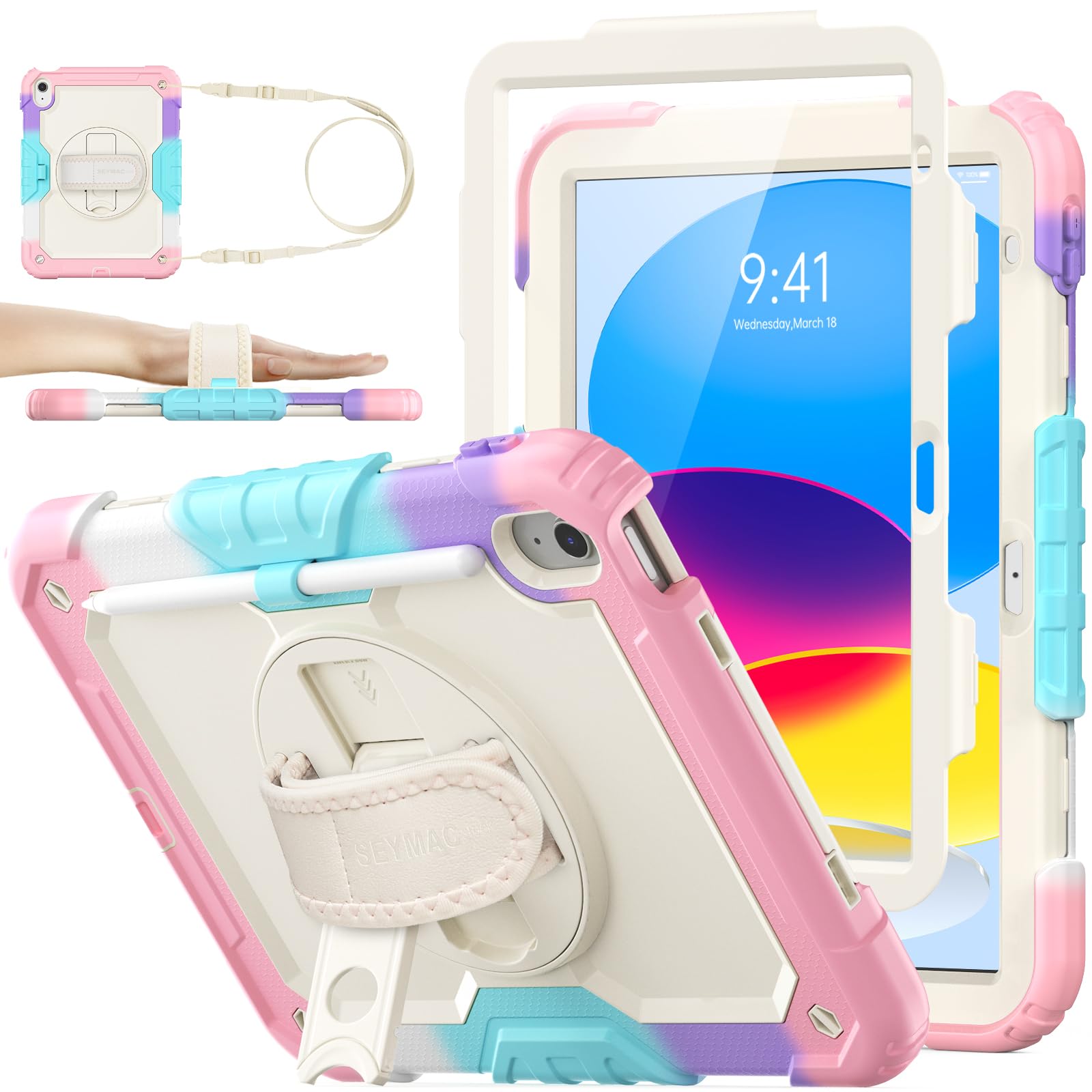 SEYMAC stock Case for iPad A16 11th/10th Generation (11/10.9 Inch) 2025/2022, Heavy Duty Shockproof with Screen Protector, 360° Rotating Stand/Hand Strap, Pencil Holder & Shoulder Strap, Pink+Beige