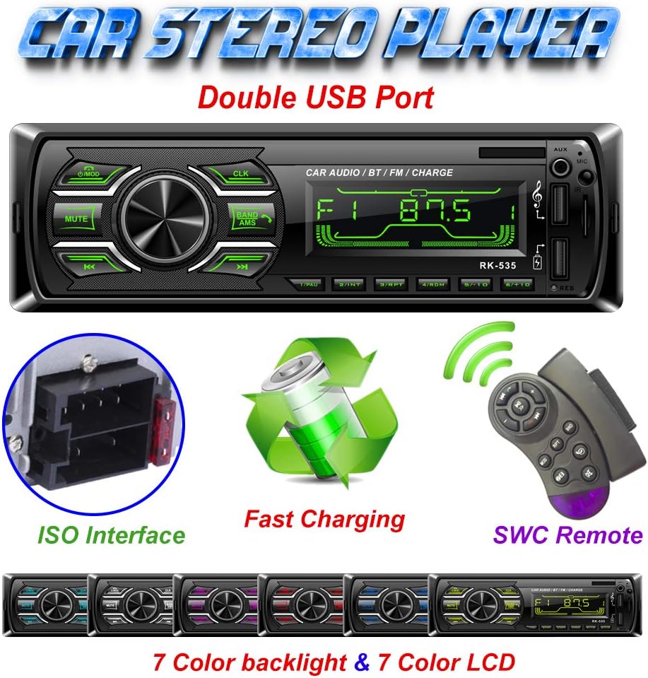 TekHome Car Stereo with USB and Bluetooth, Car Radio Bluetooth, Car MP3 Player with SD Port, Single Din Car Head Unit Hands-free Calling, Remote Control, 2 USB, Fast Charging, 7 LED Colours.