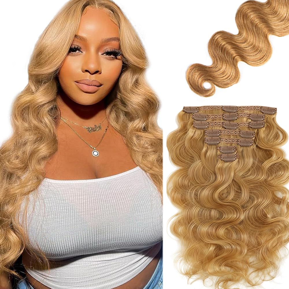 Photo 1 of 26 Inch #27 Blonde Clip in Hair Extensions,Soft Real Human Hair 120g 7pcs,Brazilian Remy Clip ins for Women,Honey Blonde Body Wave Clip ins Silky Hair Extensions