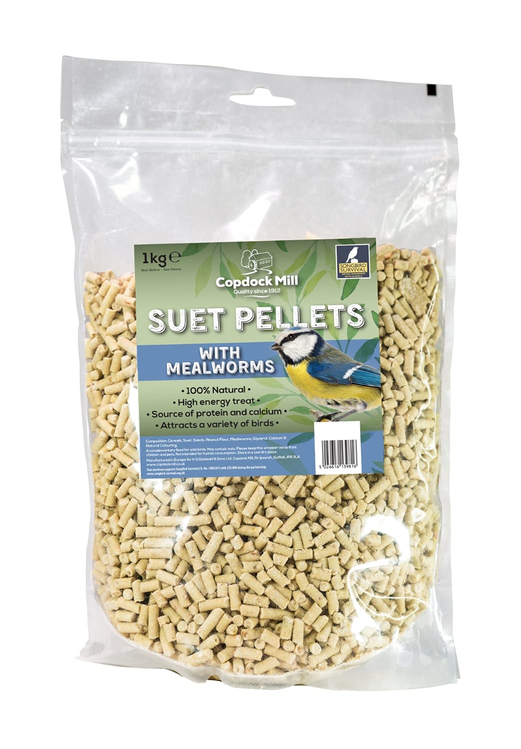 Copdock Mill Suet Pellets with Mealworms Pouch 1kg