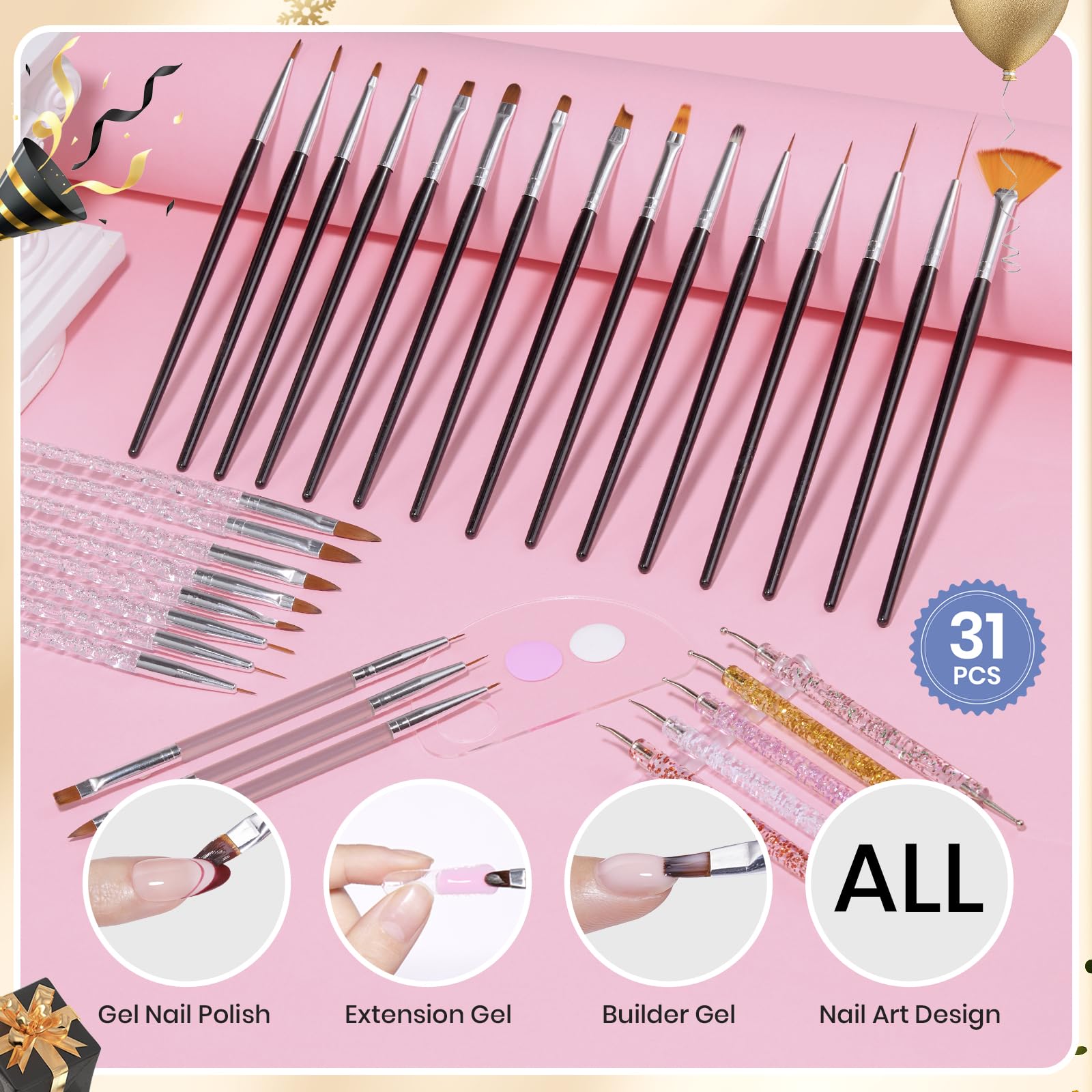 Beetles 31pcs Nail Art Brushes, Dotting Tools, Nail Art Pens, Dust Brush, Striping Liner Fingernail Drawing Pens with Palette Holder All in One for Starter Manicure Design Set