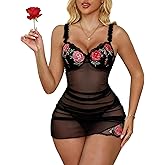 Crexomi Sexy Ruched Bodycon Mesh Lace Floral Embroidered Sheer Underwire Babydoll Lingerie Set Dress with Thong 2 Piece