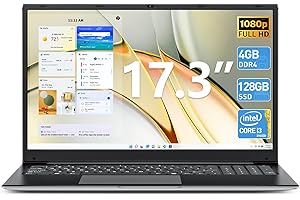 Naclud Laptop, 17.3 Inch Laptops Computer, 4GB DDR3 128GB SSD Notebook with Celeron i3-5005U CPU(up to 2.0 GHz), Expandable 1TB, 8000mAh, Webcam, Mini HDMI, USB3.2 * 2, Type-C(Slim)