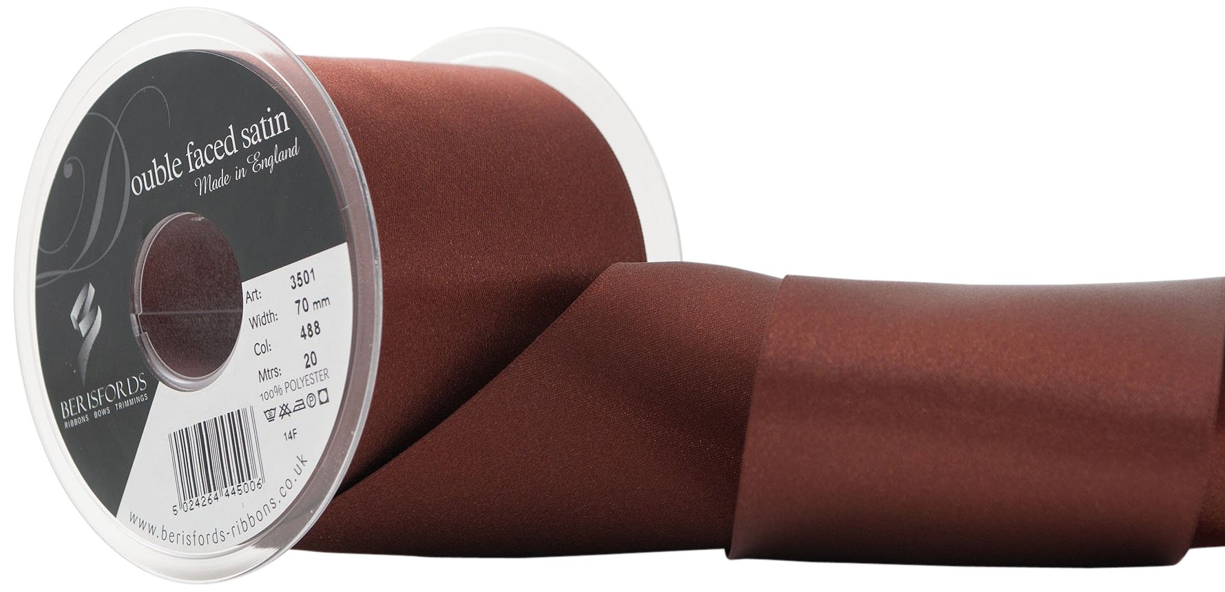Berisfords Double Faced Satin Ribbon, Hot Choc, 70 mm Width, 20 metre Length, Chocolate