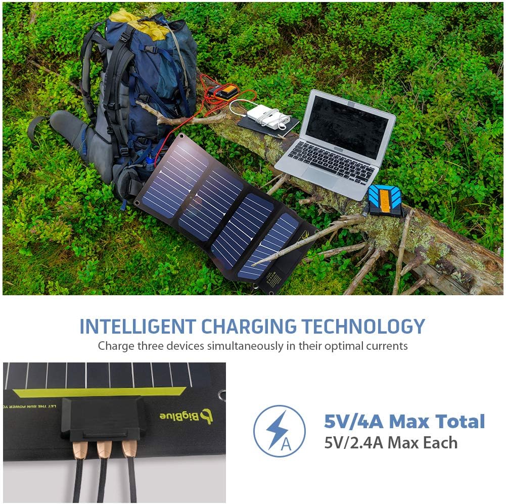 Slim Solar Phone Charger BigBlue 24W Portable Solar Charger with 3 USB Ports(5V/4A Max Total) for Camping, Foldable SunPower Solar Panel for iPhone 11/Xs/X/8/7, iPad, Samsung Galaxy, Google Pixel etc.: Home Audio & Theater