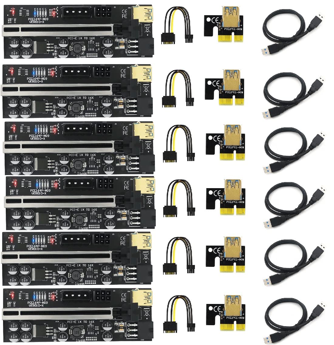 Multibao 6 Pack VER009S Plus PCI-E Riser Card PCIe 1x to 16x USB 3.0 Data Cable Bitcoin Mining 6PIN and Molex 4Pin Power BTC Cables 8 Capacitors