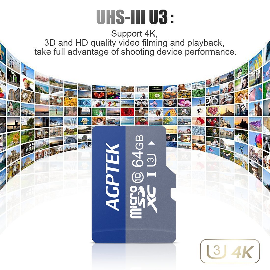 AGPTEK Carte Mémoire de 64Go avec Lecteur de Cartes, Carte Micro SD/TF Compatible avec Téléphone Intelligent, GPS, Tablettes PC, Appareils Photo Numériques et Tout MP3 AGPTEK- Noir et Bleu