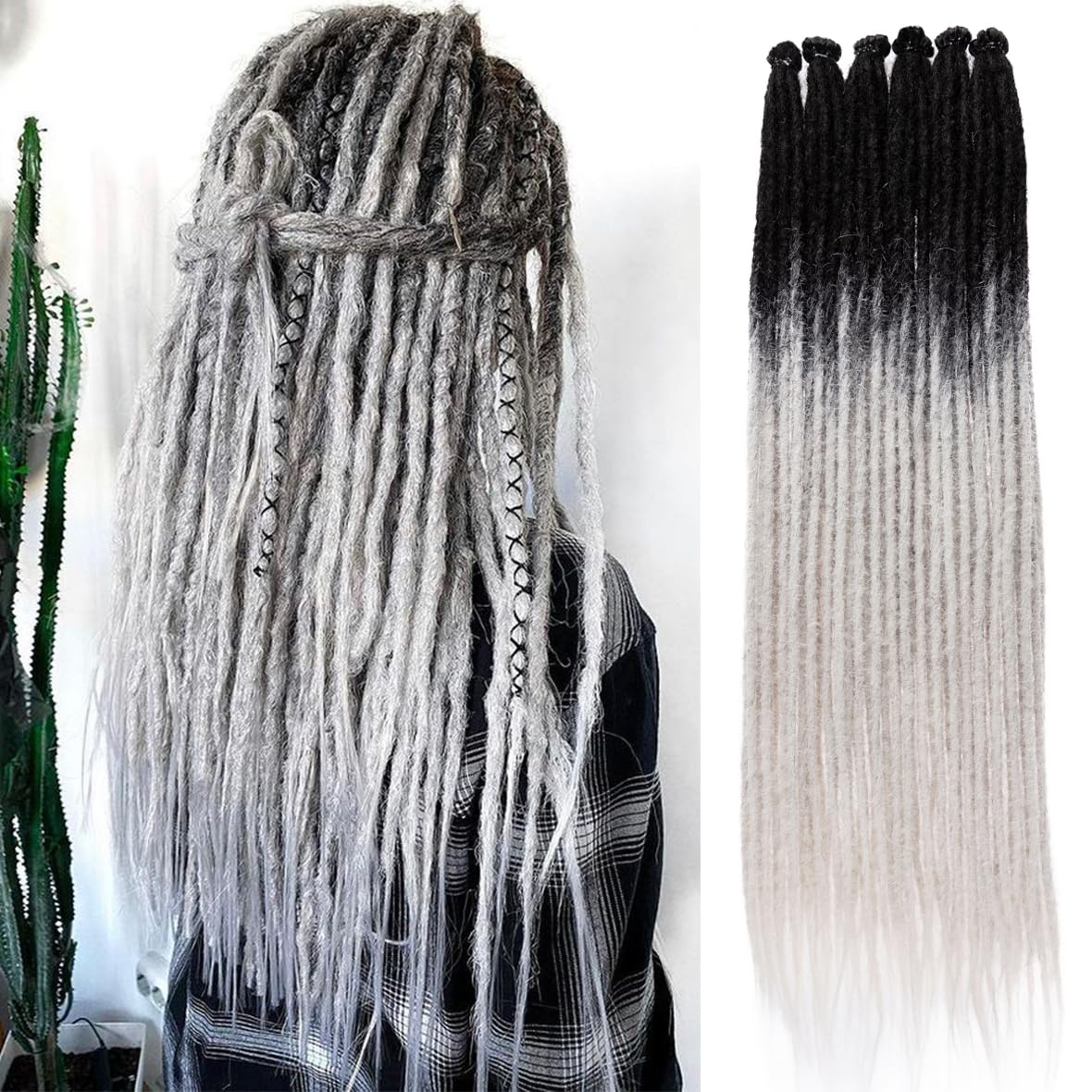Leeven 24 Inch Ombre Grey Dreadlock Extension 10 Strands Synthetic Dread Braids Hippie Single Ended Dreads 0.6 Width Handmade Thin Dreads Extensions/T-GREY# โ image 1