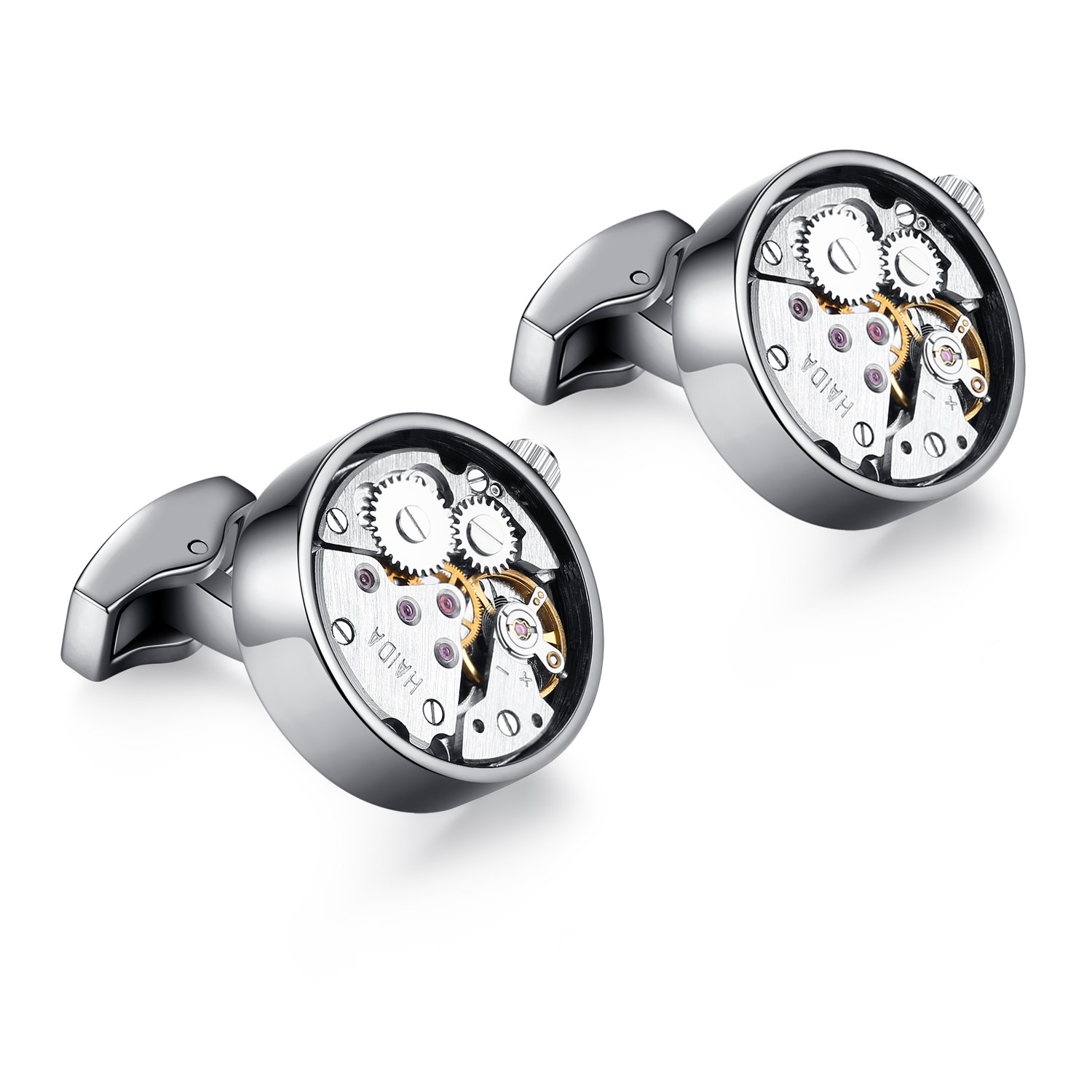 HONEY BEAR Cufflinks for Mens - Vintage Watch Movement Steampunk Rotatable Black