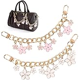 Sopoloray 2Pcs Gold Decorative Bag Chains with Pink and White Flower Enamel Pendants,7.48",7.87" Replacement Extension Chains for Tote,Shoulder,and Crossbody Bags,Handbag Charm Straps for Women