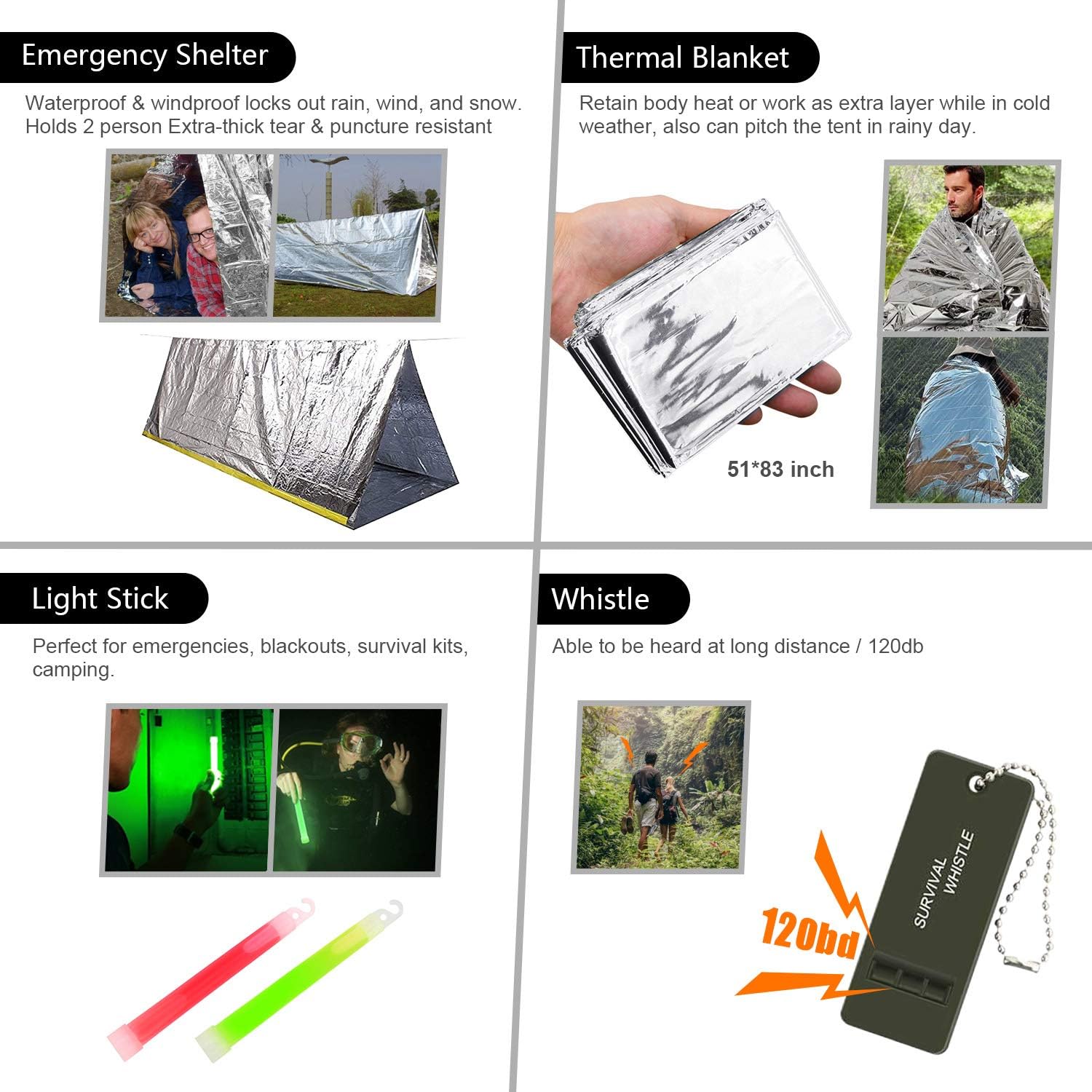 Emergency Survival Kit, 151 Pcs Survival Gear First Aid Kit, Outdoor Trauma Bag with Tactical Flashlight Knife Pliers Pen Blanket Bracelets Compass for Camping Earthquake or Adventures: Health & Personal Care