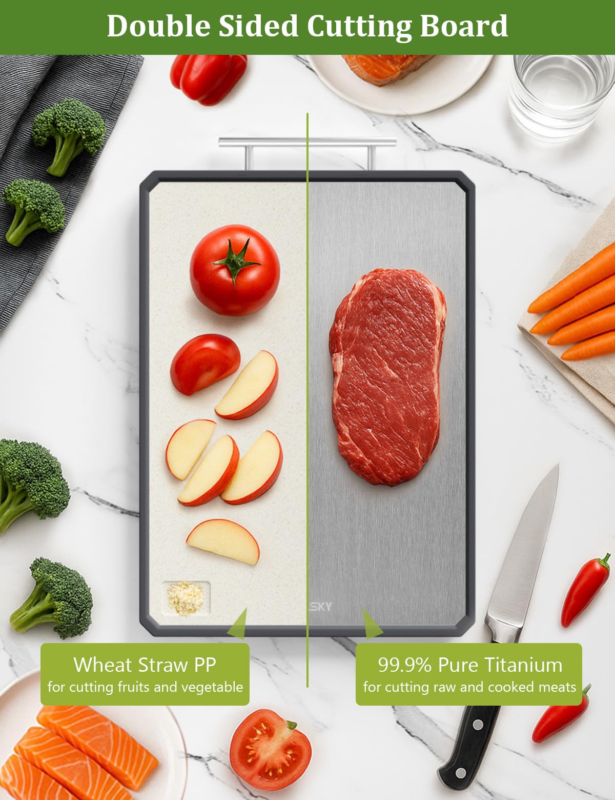 Titanium Cutting Boards for Kitchen, 2 in 1 Non Toxic Cutting Board, Food-Grade Double Sided Pure Titanium & Wheat Straw PP Chopping Board for Meat/Vegetables, Dishwasher Safe Large 16.3”×11-1 PC